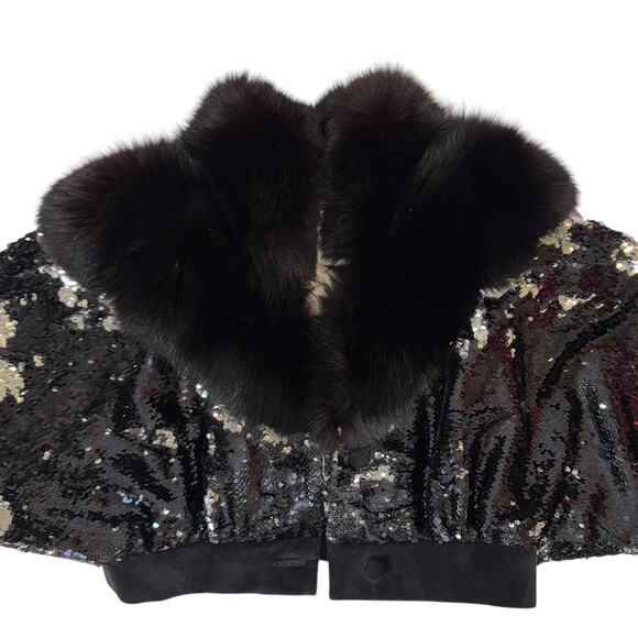 Friends With Money Black Sliver Sequin Fur Trimmed Suede Leather Cropped Jacket - Picture 3 of 11
